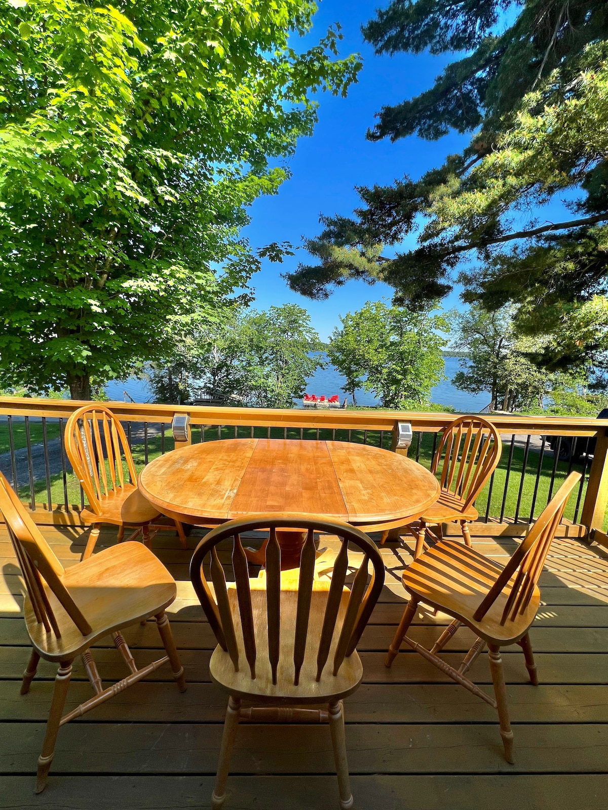 A wooden picnic table with chairs is situated on a deck surrounded by greenery. The view beyond showcases mature trees and the shimmering lake in the distance, capturing a serene outdoor dining setting.