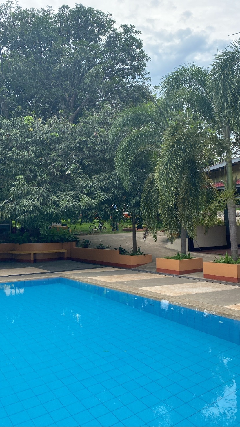 A tranquil swimming pool is surrounded by well-maintained greenery, including tall palm trees and lush shrubs. The water reflects the sky, while the pool area is bordered by wooden decking, creating a serene outdoor space for relaxation.