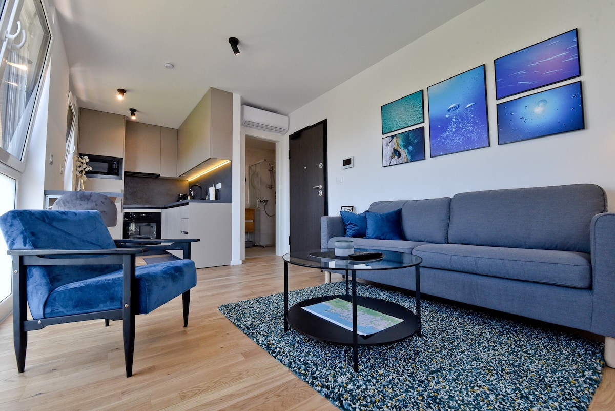 A modern living space features a comfortable gray sofa and a blue armchair on a textured rug. Wall art showcasing marine themes adds color, while the kitchen area is visible in the background, highlighting contemporary cabinetry and appliances.