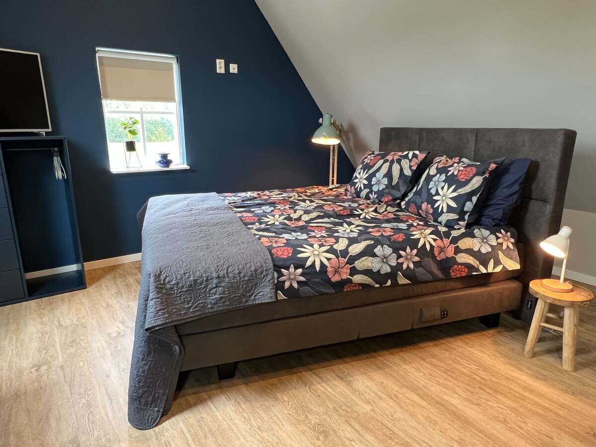 A spacious bed is dressed in a floral-patterned duvet and accented by dark pillows. A tall lamp stands beside the bed, while a window is visible, allowing natural light to illuminate the room. A television is mounted on the wall opposite the bed.