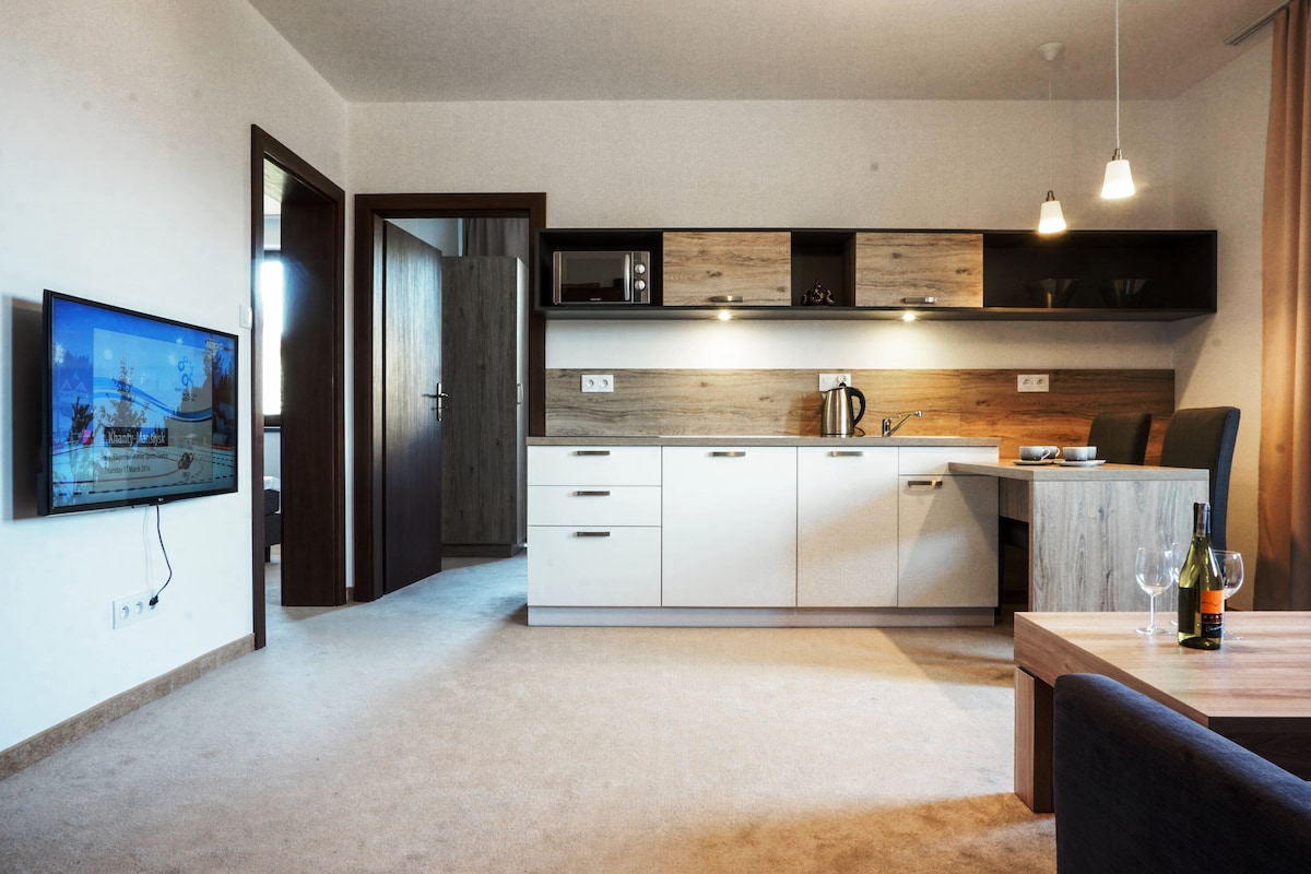A modern living area is presented, showcasing a well-equipped kitchenette with a refrigerator and stove. A television is mounted on the wall, and a dining table with chairs is visible. Soft beige carpeting complements the contemporary design.