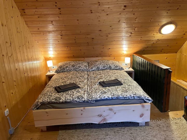 Gallery upstairs
pine bed 160x200