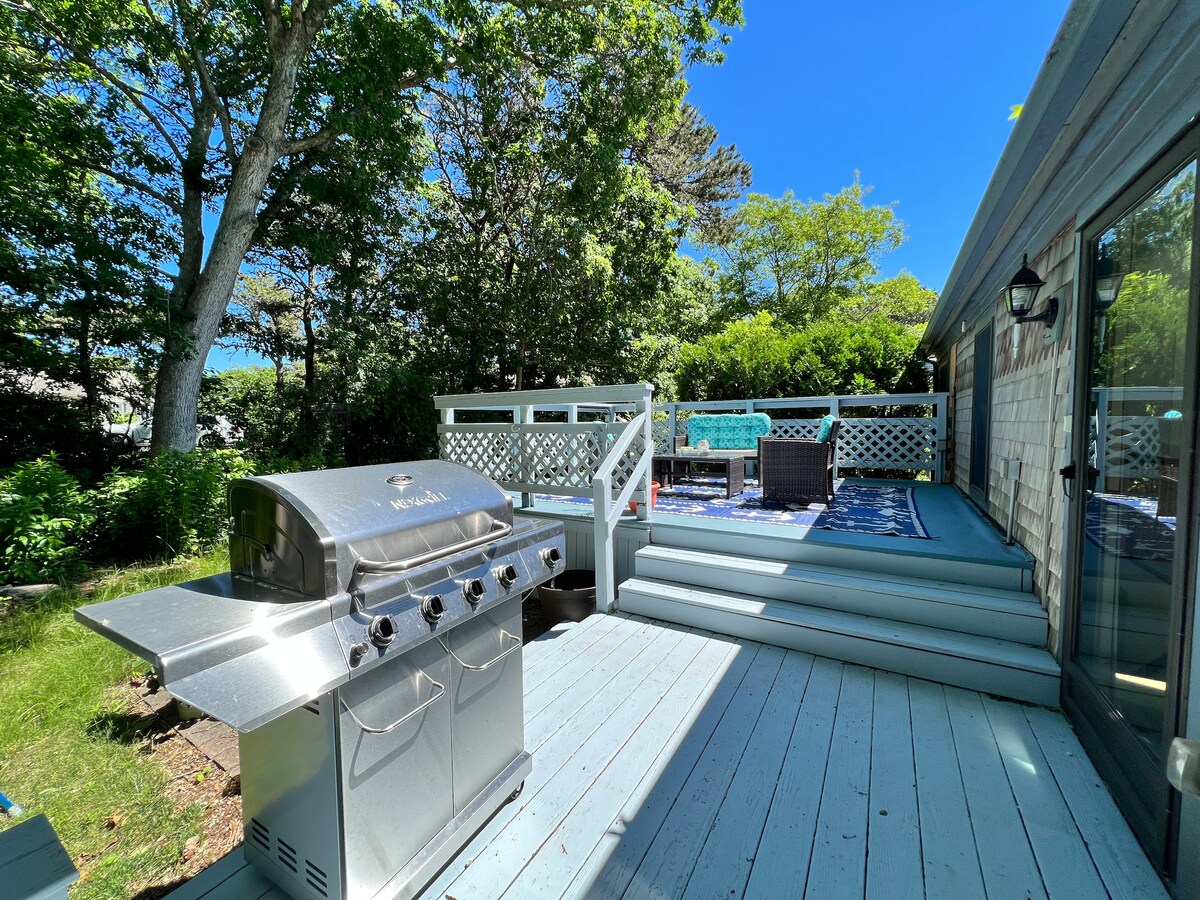 An outdoor deck is presented, featuring a stainless steel grill and seating area with comfortable outdoor furniture. Surrounding trees provide shade, and bright blue skies create a cheerful atmosphere. The deck offers a welcoming space for relaxing or entertaining.