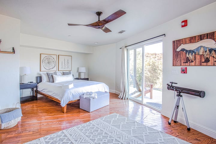 Master bedroom, king bed and semi ADA compliant bathroom (room for wheelchair, toilet bar and ADA compliant sink)