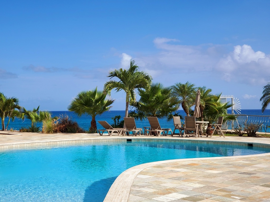 A tranquil pool area is highlighted, surrounded by lounge chairs under palm trees. In the background, the turquoise ocean stretches to the horizon, complemented by a clear blue sky with scattered clouds.
