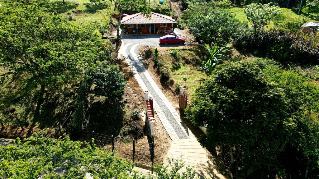 A scenic view of a rural pathway leading to a charming building surrounded by greenery. The path is lined with lush vegetation, and a red vehicle is parked along the nearby road. The tranquil landscape features gentle slopes and a variety of trees.