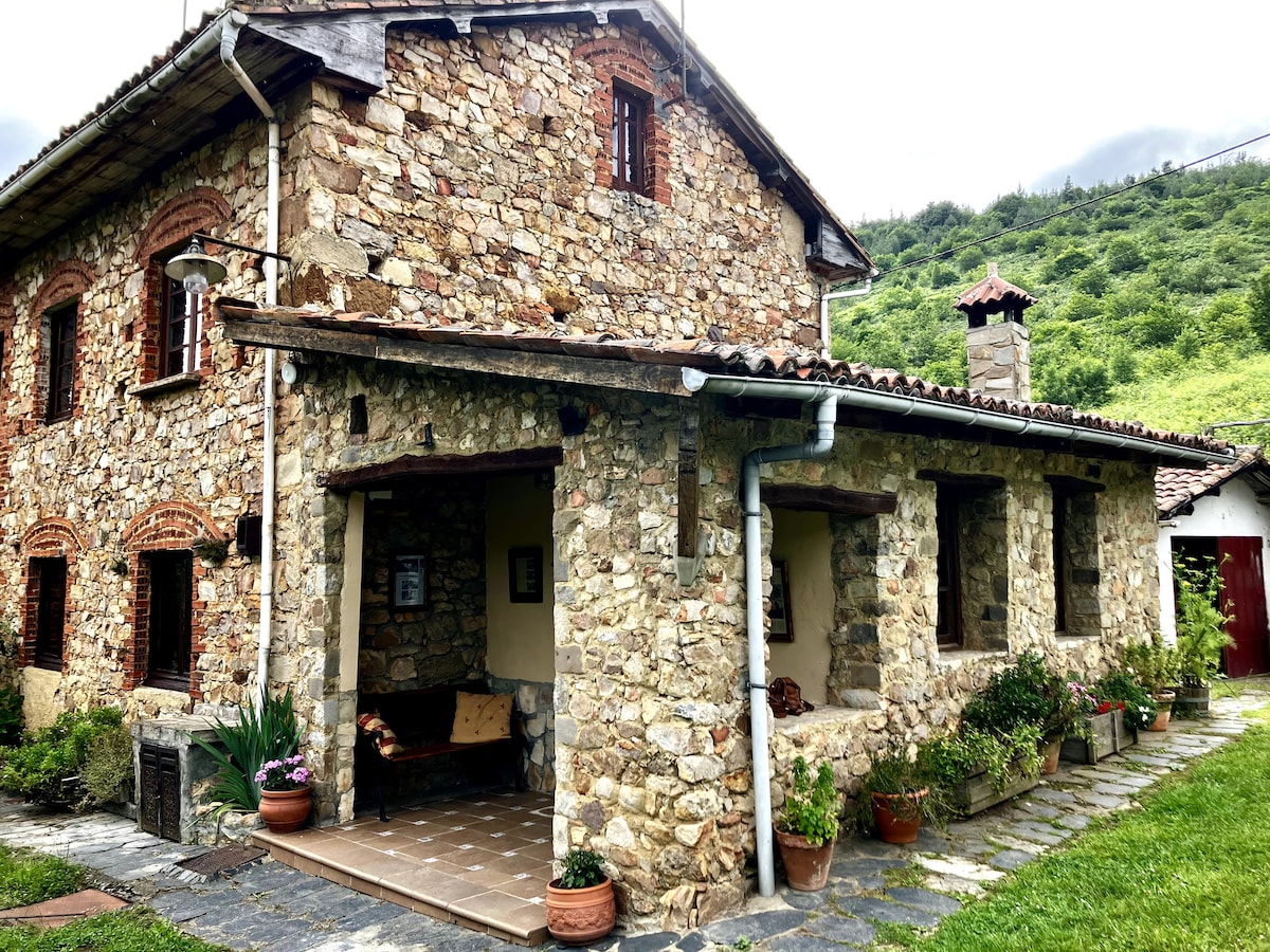 The exterior of a rustic stone house is displayed, featuring a covered porch with a bench and planters containing greenery. Stone walls provide texture, complemented by a tiled roof and a charming chimney. Surrounding hills contribute to the natural setting.