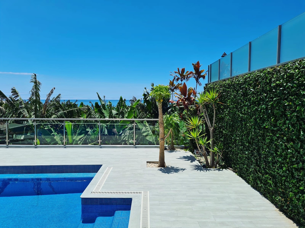 The outdoor pool area features a modern design with a sparkling pool surrounded by sleek tiles. Lush green plants and palm trees are scattered throughout, offering a touch of nature. The ocean and banana trees are visible in the background under a clear blue sky.