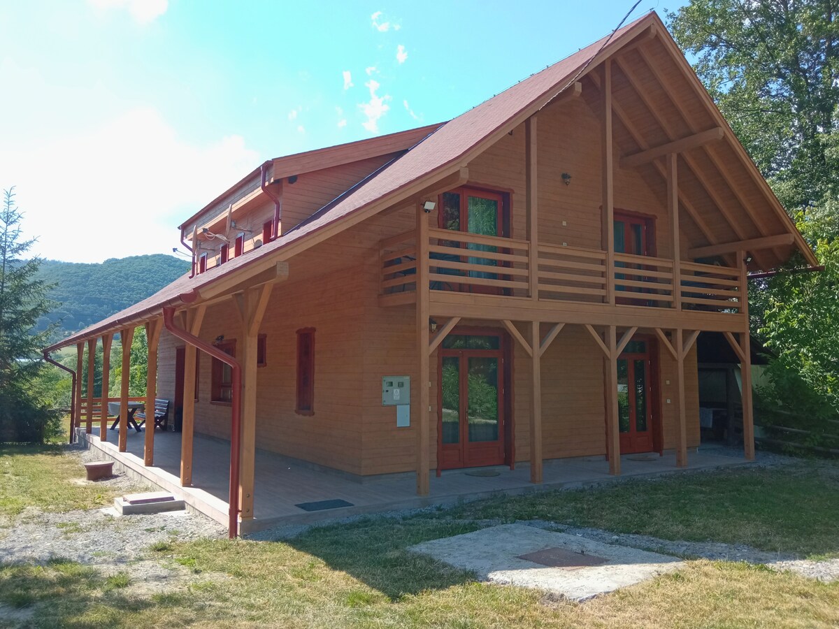 A modern wooden house is set against a green hillside, featuring large windows and a sloped roof. A spacious covered terrace extends along the front, providing a welcoming outdoor space. Surrounding greenery adds to the serene and natural setting.