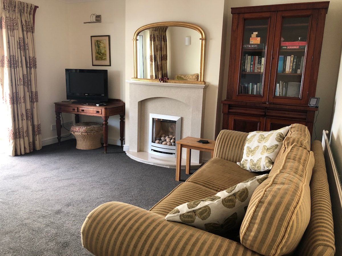 A spacious sitting room features a comfortable striped sofa and a wooden TV stand with a television. A decorative mirror adorns the mantle above a fireplace, complemented by a cabinet showcasing books. Large windows are dressed with patterned curtains, enhancing the room's inviting ambiance.