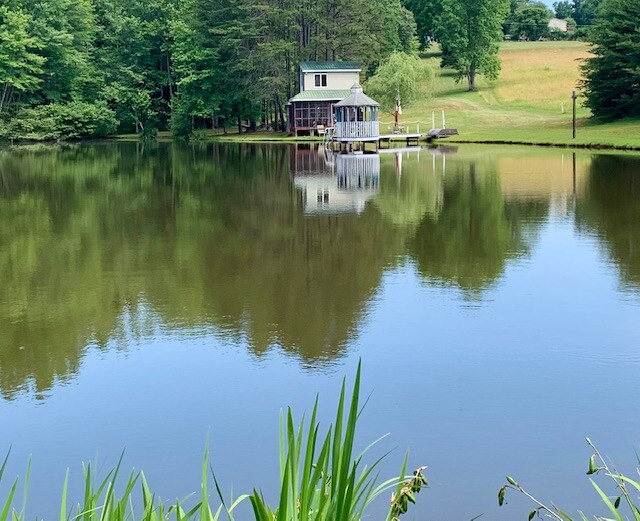 A serene pond is visible, reflecting the surrounding trees and the gazebo at the water's edge. Gentle greenery frames the water, creating a peaceful natural setting. The calmness of the pond is complemented by the rustic charm of the gazebo, enhancing the tranquil atmosphere.