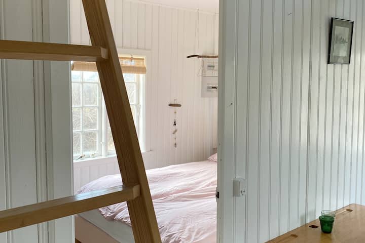 Udsigt fra stuen til det hyggelige soveværelse. Stige til loft.