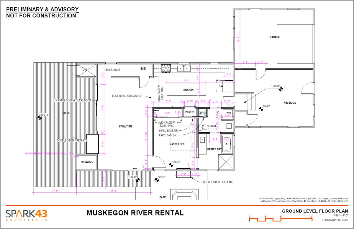 The floor plan outlines a spacious ground level layout, featuring distinct areas for family, dining, and recreation. Rooms are interconnected, providing an open flow. Notable areas include a guest suite and a bunk room, with access to outdoor entertainment space.