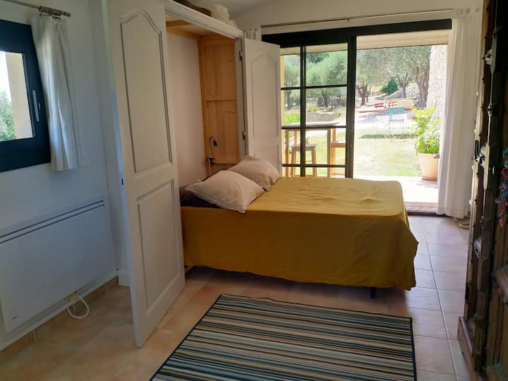 الصالة/غرفة النوم أمام سطح صغير والحديقة