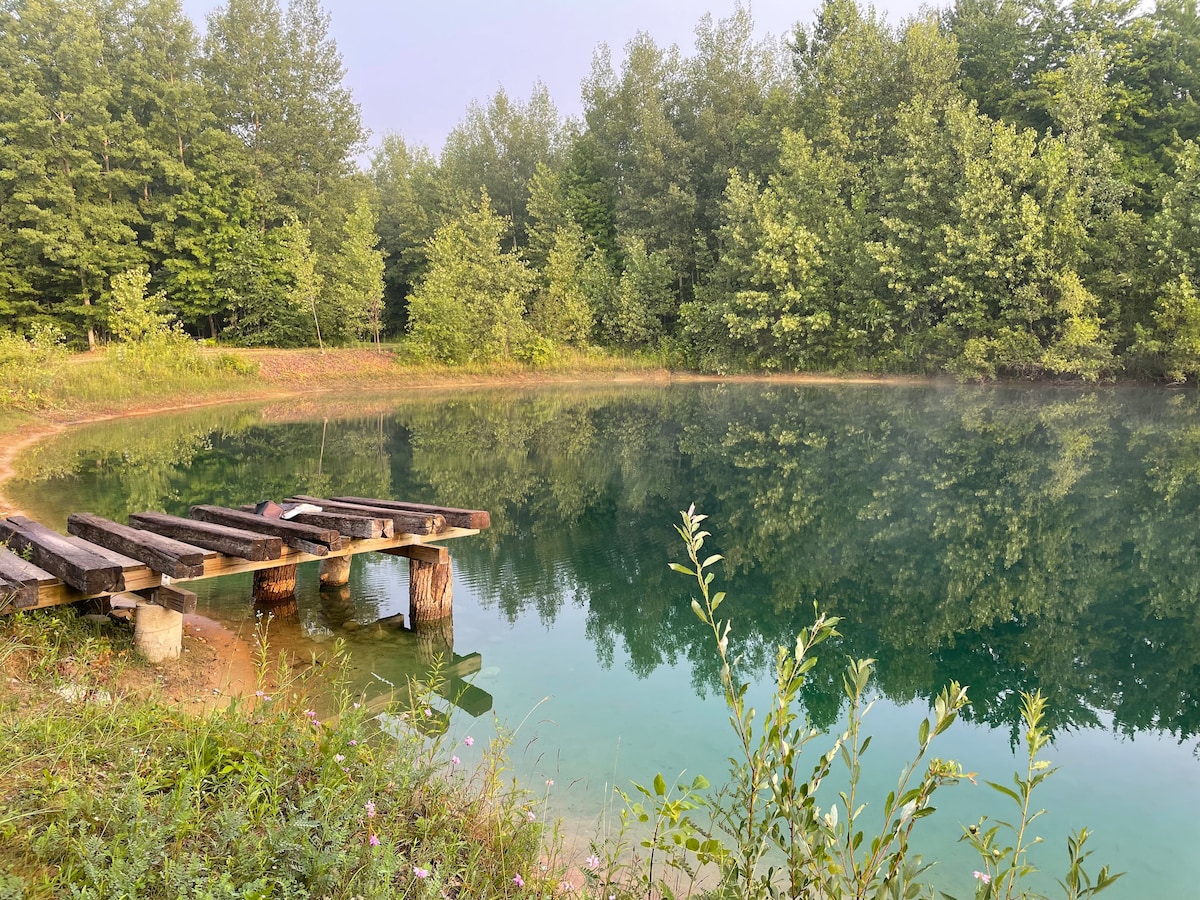 A calm pond is surrounded by greenery, with wooden planks leading to its edge. The still water reflects the trees and sky above, creating a serene environment. Mist gently drapes over the water, enhancing the tranquil setting.