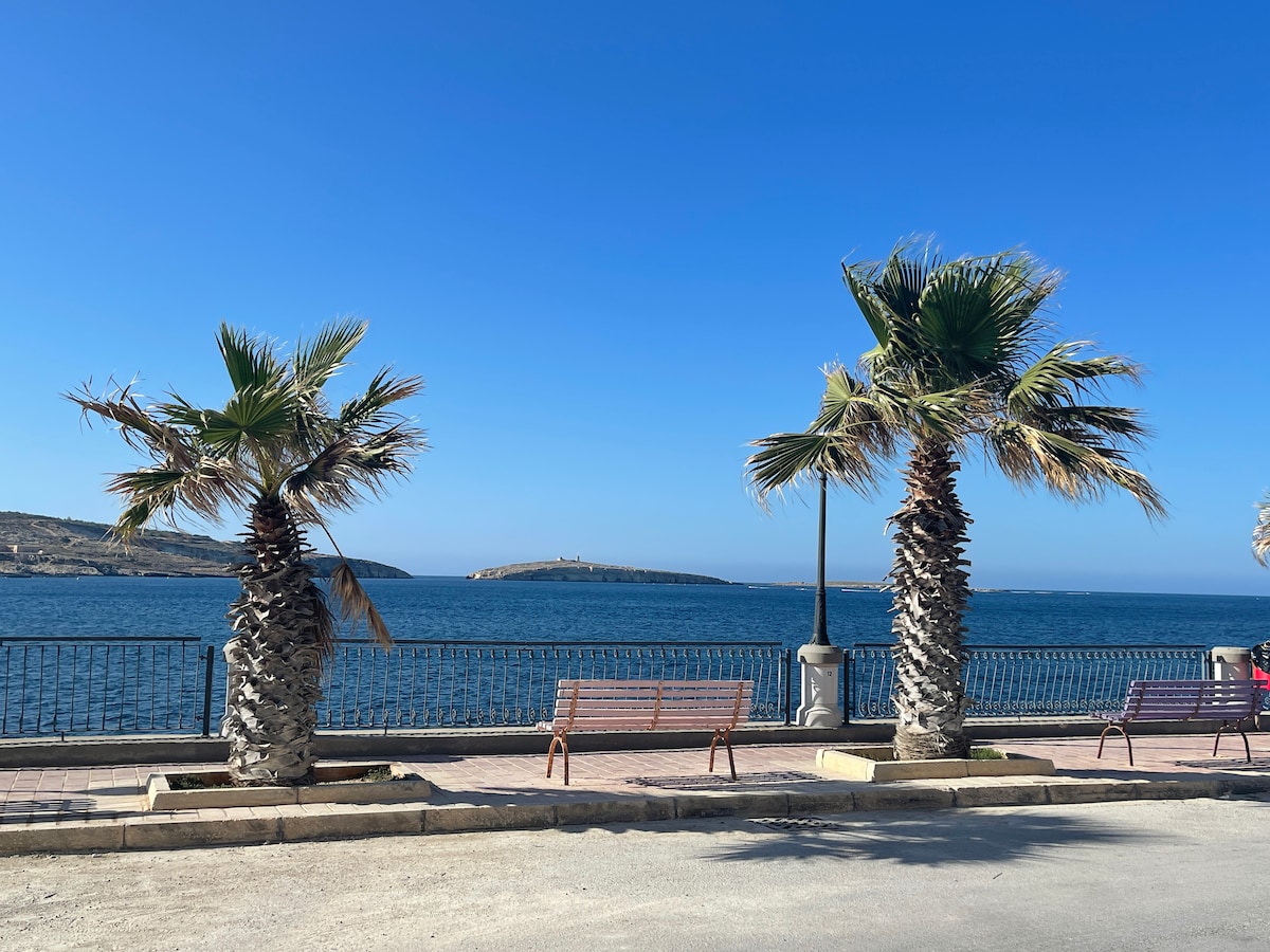 Two palm trees stand on a promenade beside calm blue waters, with a distant island visible in the background. Several wooden benches line the pathway, offering a peaceful spot to enjoy the scenic view under a clear blue sky.