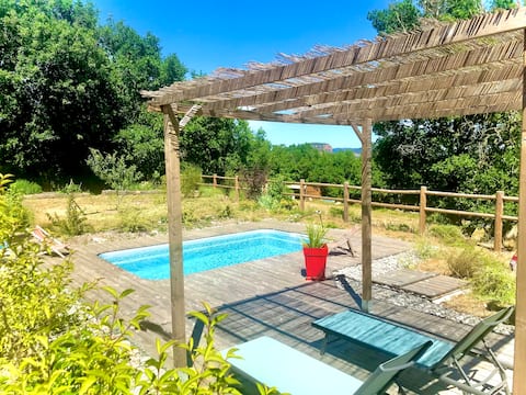 Wooden house with pool