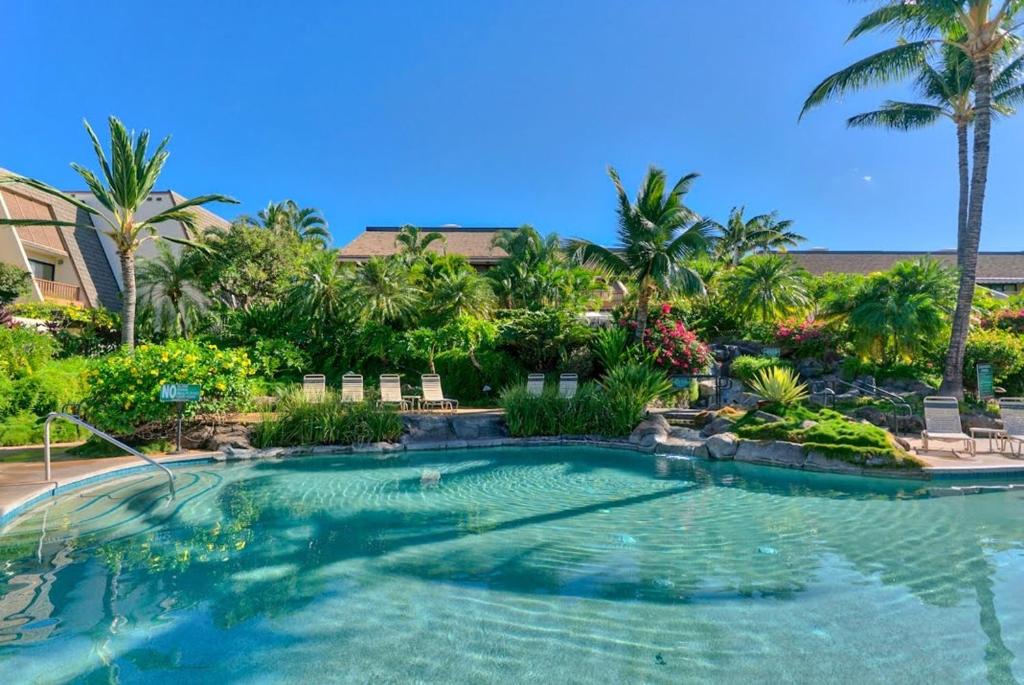 The image displays a tranquil pool surrounded by lush tropical landscaping. Palm trees and vibrant greenery create a serene atmosphere, while comfortable lounge chairs are positioned along the water's edge. Clear blue skies enhance the peaceful setting.