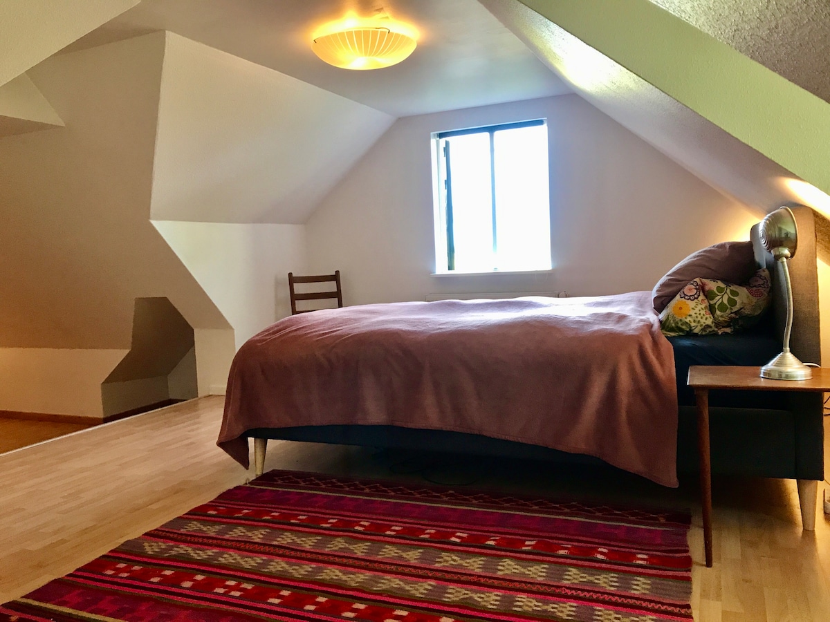 Chumba kikubwa cha kulala kinachoelekea mashariki kilicho na nafasi kubwa ya kupendeza na nafasi ya ziada ya kulala kwa watoto kwenye kamba ya chini