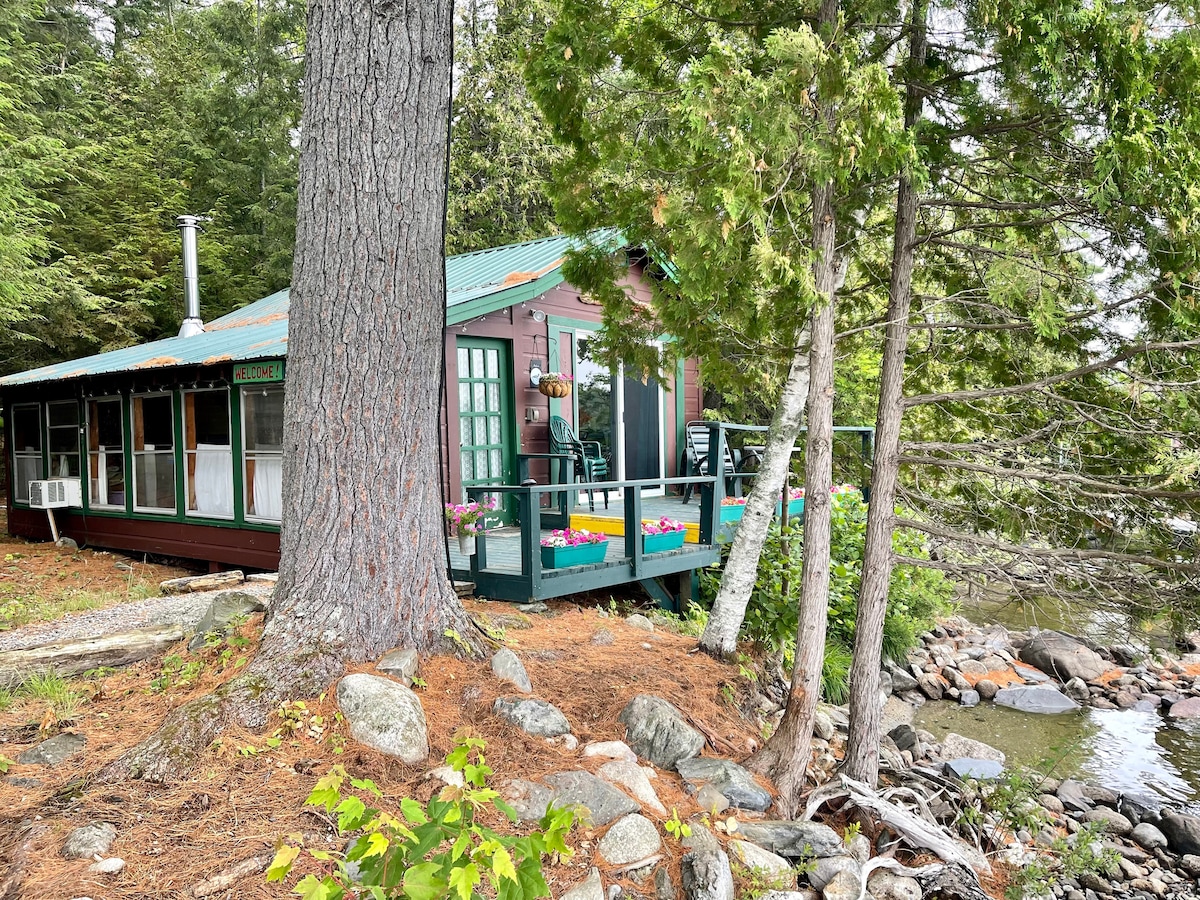 A cozy studio cottage is nestled among tall trees, with a private deck extending over rocky shorelines. The structure features large windows allowing natural light and offers a welcoming entrance framed by greenery. The peaceful lakeside setting reflects a blend of rustic charm and natural beauty.