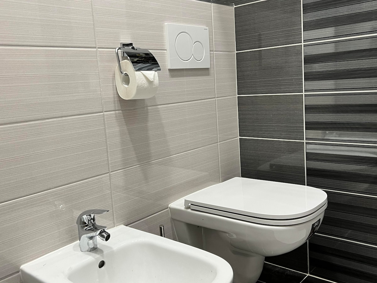 A modern bathroom is visible, featuring a clean white toilet and a sleek sink. The wall tiles are arranged in alternating light and dark tones, providing a contemporary look. A toilet paper holder is mounted beside the toilet for convenience.