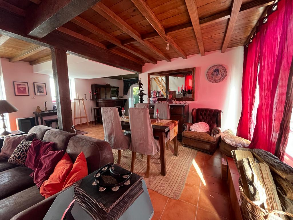 A spacious living area features a combination of comfortable seating options, including a brown leather armchair and a large sofa adorned with colorful cushions. A wooden dining table is surrounded by chairs, and natural light filters through partially closed red curtains.