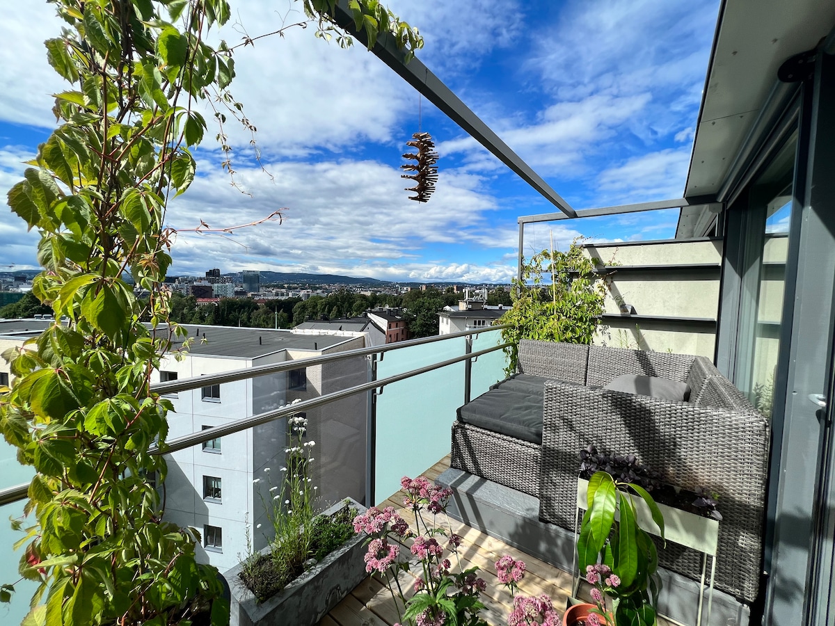 A spacious balcony is framed by greenery, with comfortable seating arranged to allow for city views. Potted flowers and plants sit along the railing, and a decorative pine cone hangs above. The sky is bright and partly cloudy, enhancing the open atmosphere.