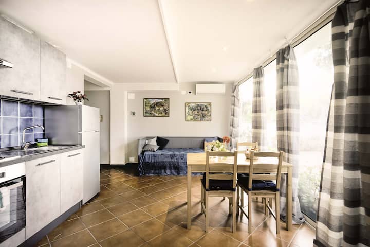 Sala de estar en la cocina con sofá cama