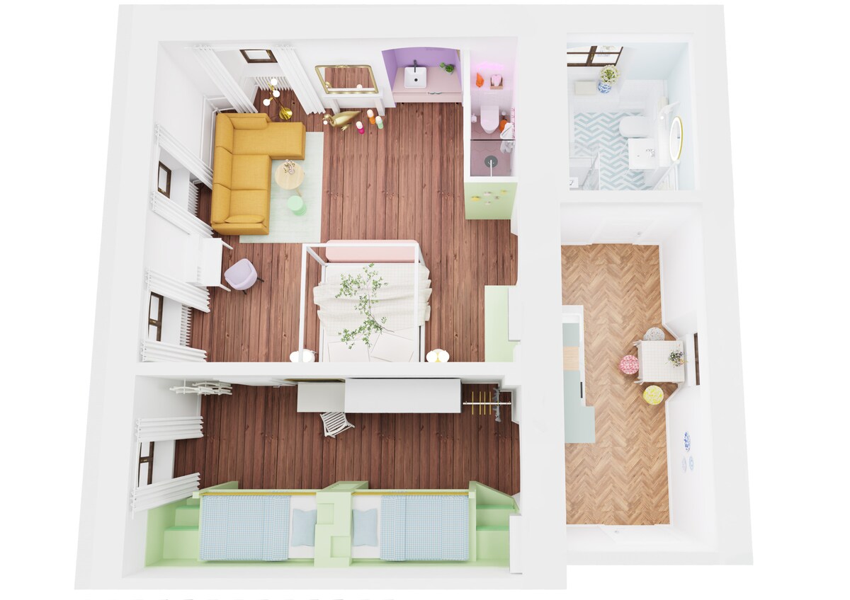 Стаи 2 и 3 - заедно като апартамент с 1 двойно легло, един спален диван (със 160 матрака) и 2 двуетажни легла. 2 бани (1 с душ, 1 с вана и душ) и кухня. 