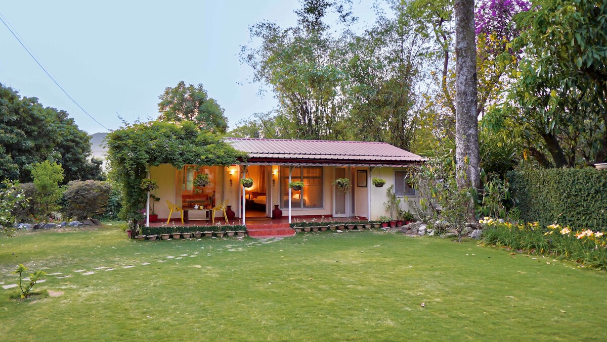 A cozy cottage is set within a manicured garden, featuring a welcoming porch with seating. Lush greenery surrounds the space, while vibrant flowers add color. Large windows provide views into the well-lit interior, which showcases a comfortable living area and natural decor elements.