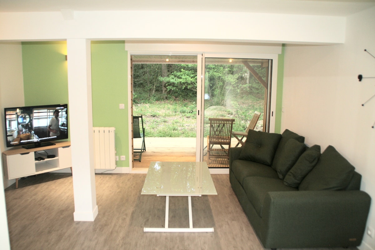 The living area features a spacious green sofa positioned near a low coffee table. A large television is mounted on the wall, and glass doors lead out to a private terrace overlooking the forest. Natural light enters the space, enhancing the serene atmosphere.