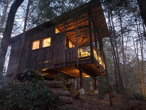 Elevated eco cabin overlooking a beautiful stream.