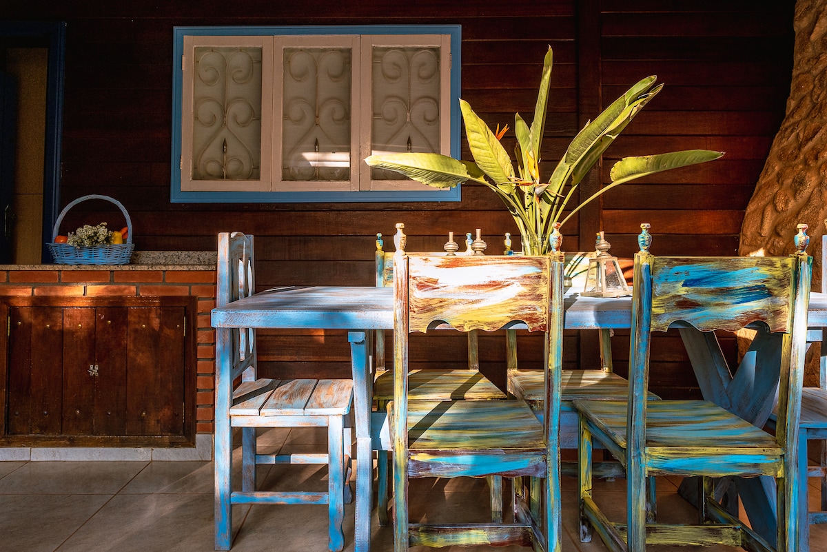 A dining area features a table surrounded by colorful wooden chairs, showcasing an artistic blend of blue and yellow hues. A potted plant adds a touch of greenery, while natural light highlights the textures of the rustic wooden wall and cabinetry.
