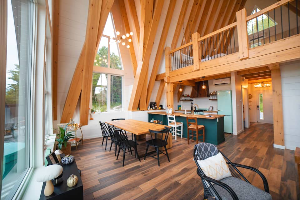 A black timber A-frame above the French River, French River, Ontario, Canada, photo 5 of 10