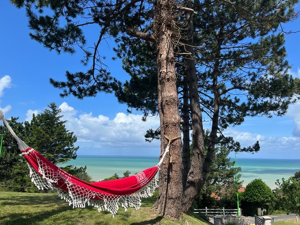 A vibrant red hammock is suspended between two tall trees, offering a relaxing spot to enjoy the views of the greenish-blue sea and clear sky. The surrounding greenery and gentle slopes create a serene outdoor environment.
