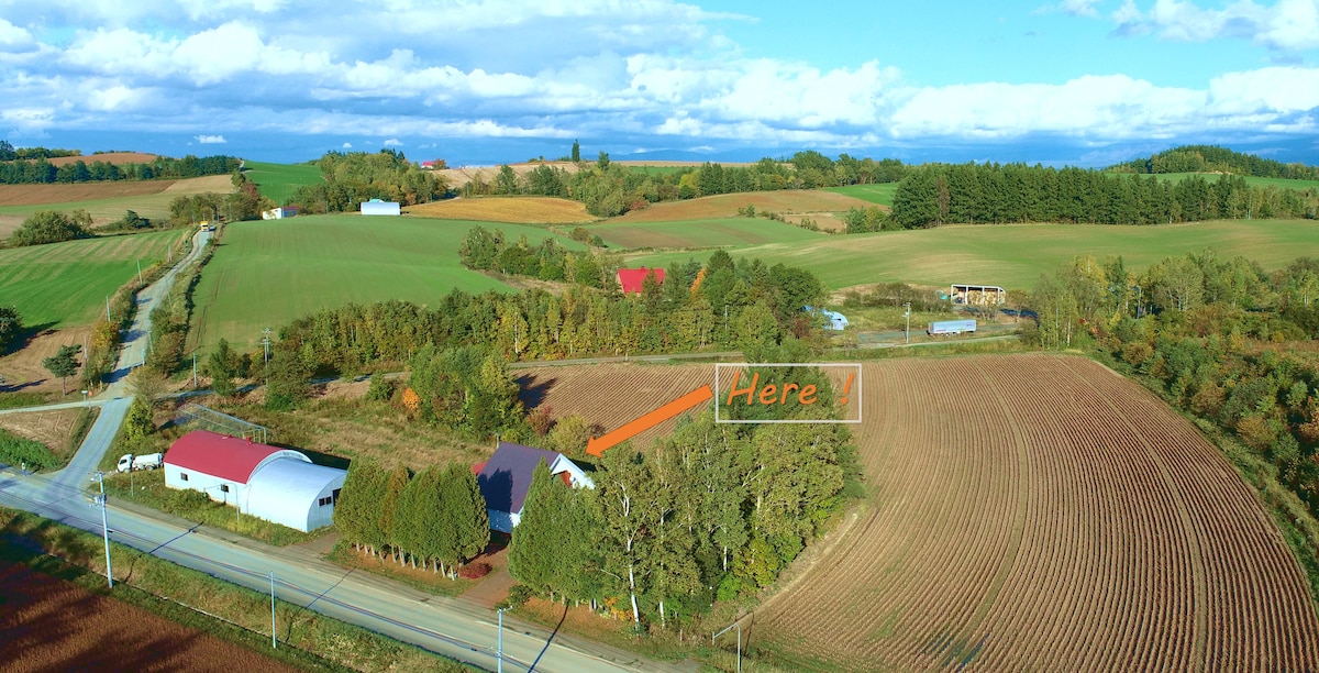 An aerial view captures the property's expansive surroundings, showcasing lush green fields and farmland. The house is surrounded by trees, with a clear view of nearby structures and the road. Cloudy blue skies add depth to the serene landscape.