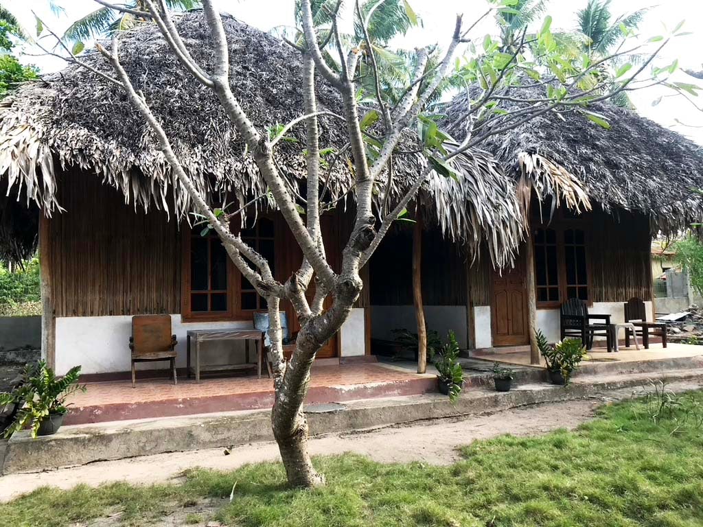 Two bungalows with thatched roofs are surrounded by lush greenery, with a tree providing shade in front. A small porch is visible with wooden furniture, creating an inviting space for relaxation. The bungalows are set on a grassy area leading to a walkway.