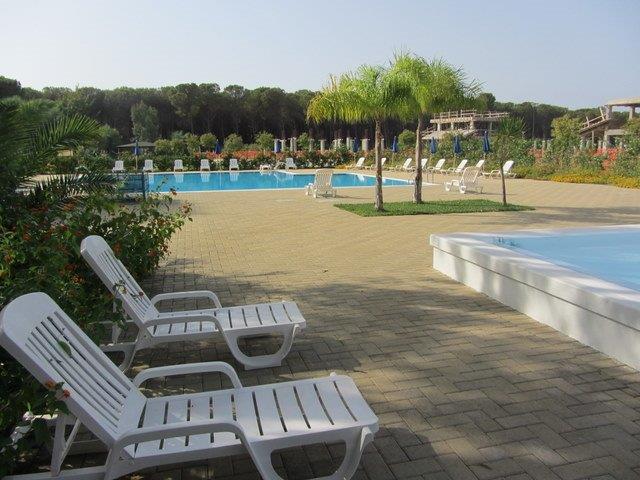 A large communal swimming pool is surrounded by sun loungers placed on a paved area. Lush greenery and colorful flower beds enhance the space, with additional pool areas visible in the background, set amidst a peaceful forested environment.