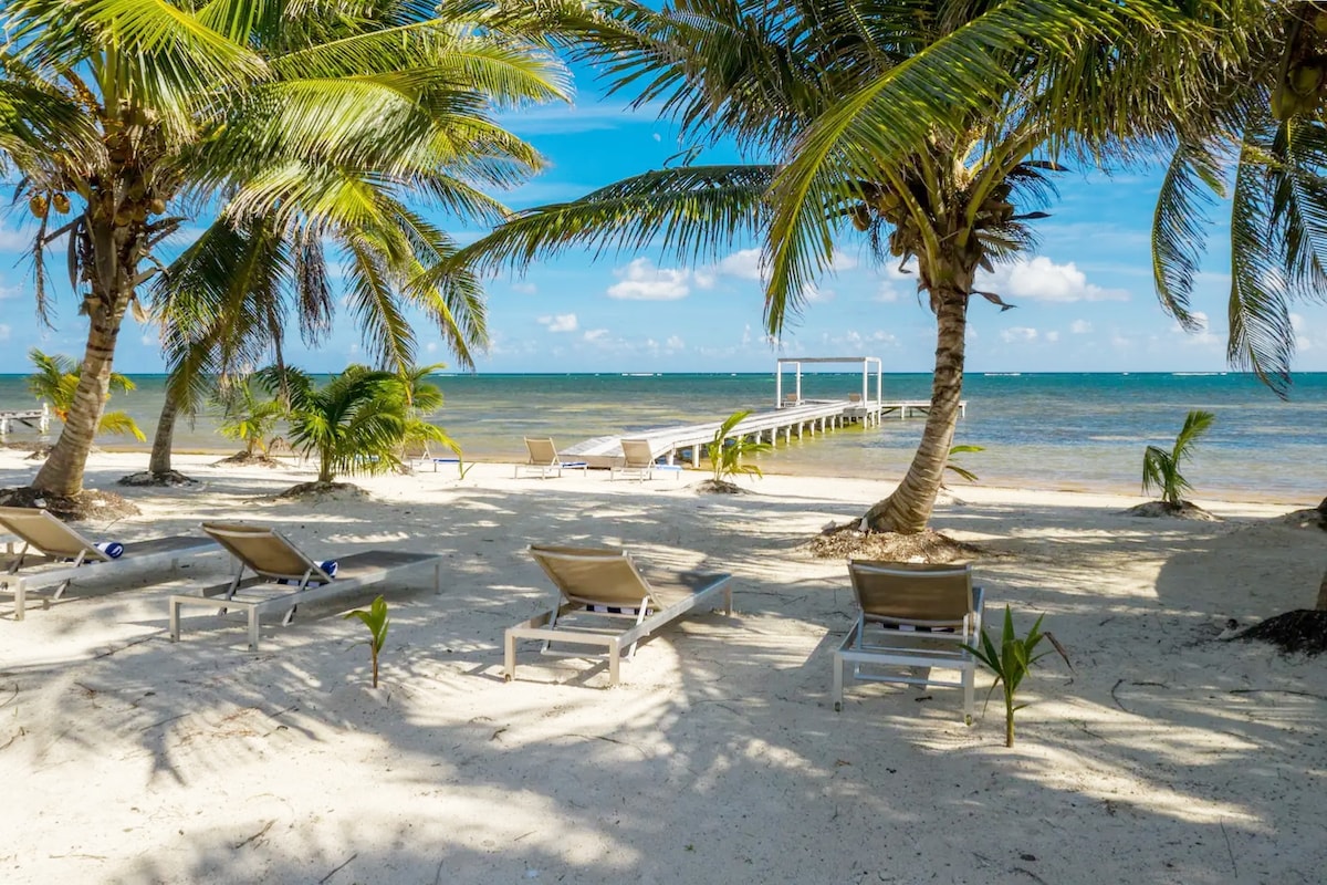 Sun loungers are set up on a sandy beach, surrounded by palm trees. A wooden pier extends into the clear turquoise water. The sky is bright blue with scattered clouds, creating a serene and inviting outdoor space.
