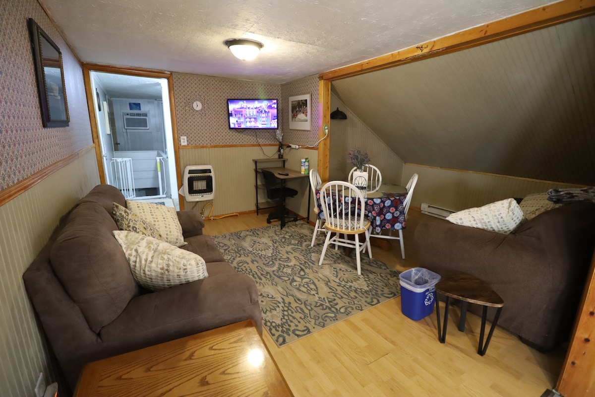 A cozy living area features two brown sofas positioned around a decorative rug. A small dining table with white chairs sits nearby, accompanying a desk with a monitor. Light from a ceiling fixture illuminates the space, which is decorated with patterned walls.