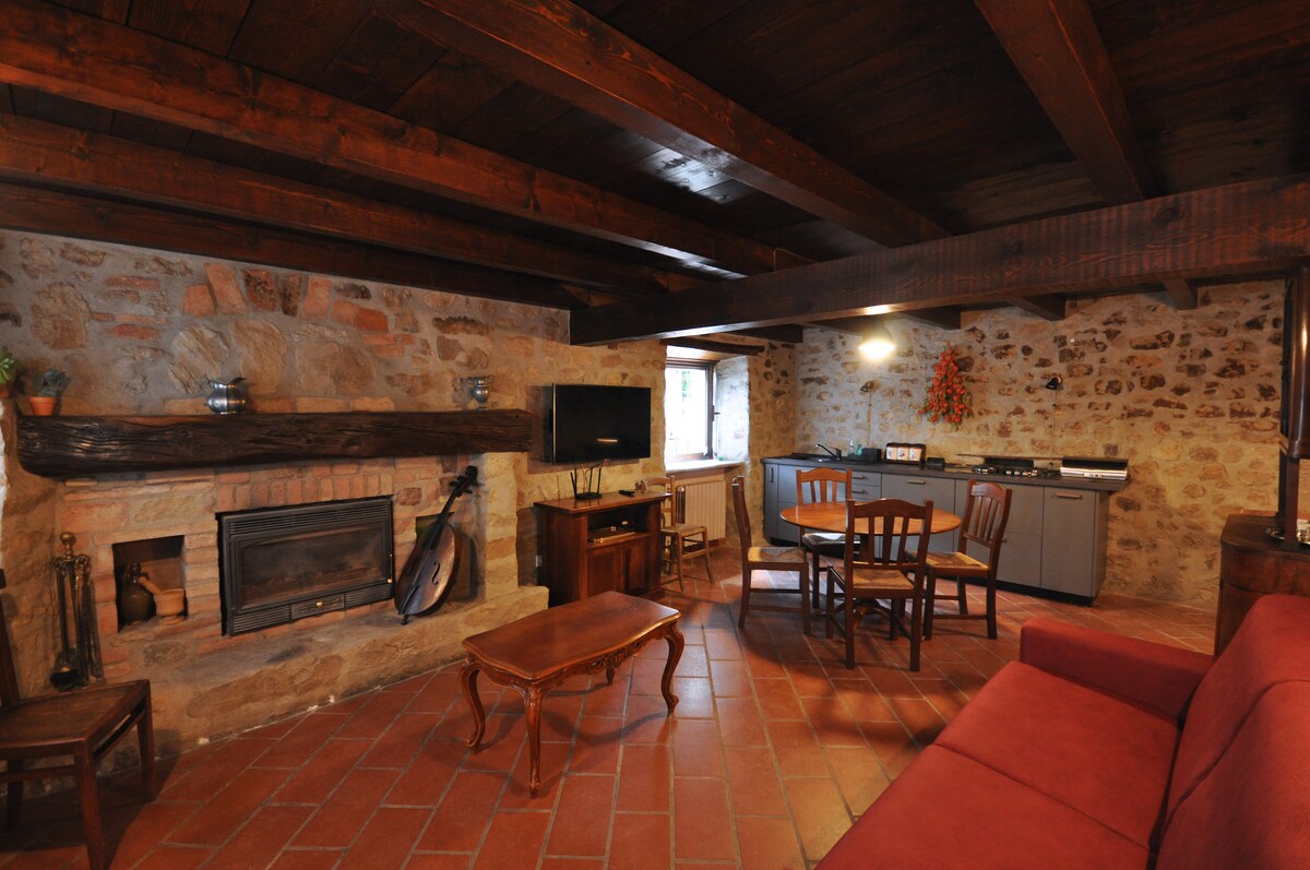 A cozy living area is presented with a wooden ceiling and stone walls. A traditional fireplace is featured alongside a comfortable red sofa. A round dining table with chairs occupies the space, complemented by a TV mounted on the wall. A kitchenette is visible in the background.