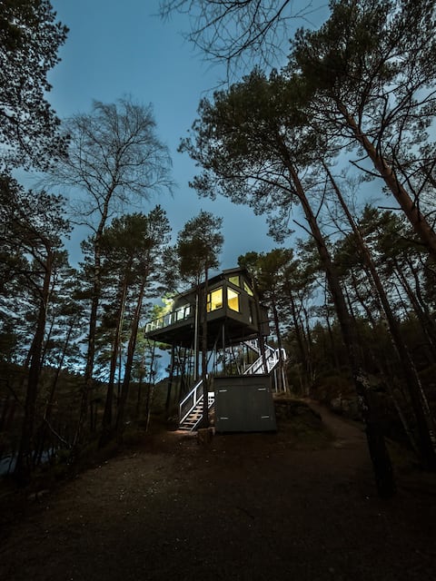 Luxury treehouse! Sauna, canoe and fishing water.