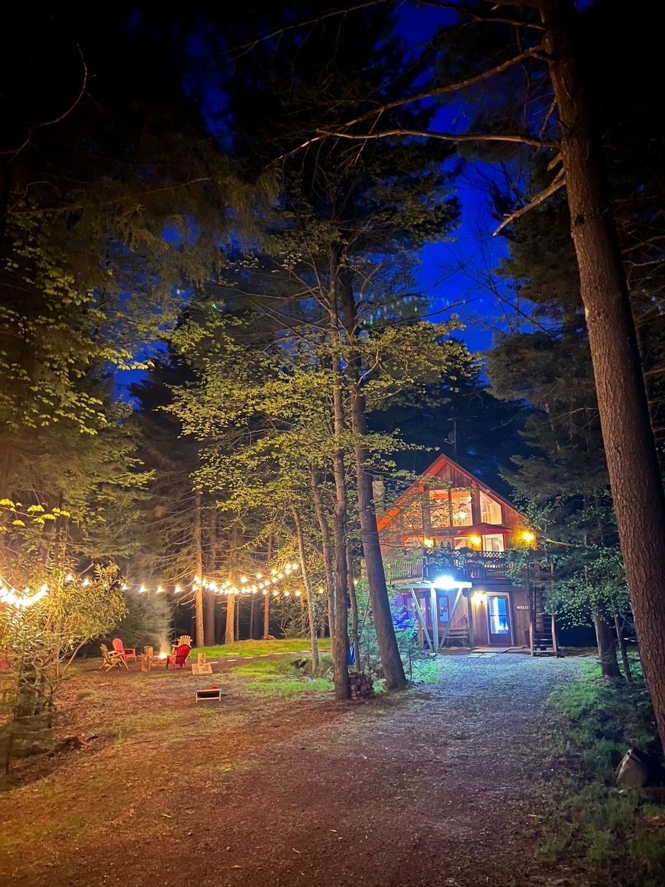 A cabin nestled among tall pine trees is presented with soft lighting illuminating the exterior. A fire pit is arranged with seating accessible nearby, while string lights enhance the inviting atmosphere at twilight.