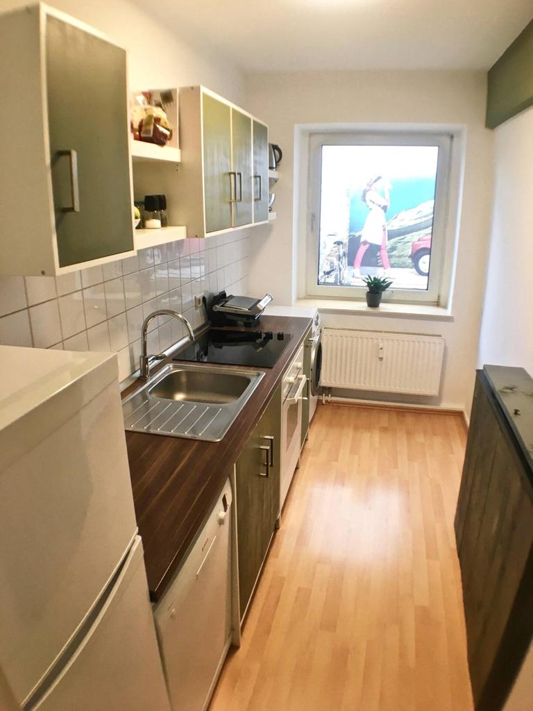A compact kitchen features a combination of wooden and sleek metallic cabinetry. A stainless steel sink is positioned beside an electric stove. A window provides natural light, and a small potted plant is placed on the windowsill, adding a touch of greenery.