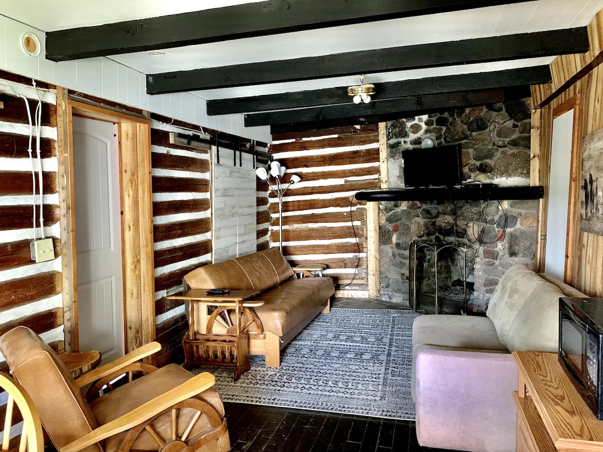 A cozy living area showcases exposed log walls paired with dark wooden beams. A stone fireplace serves as a focal point, complemented by a television mounted above a mantel. Comfortable seating includes a brown couch and two wooden armchairs, arranged around a decorative area rug.