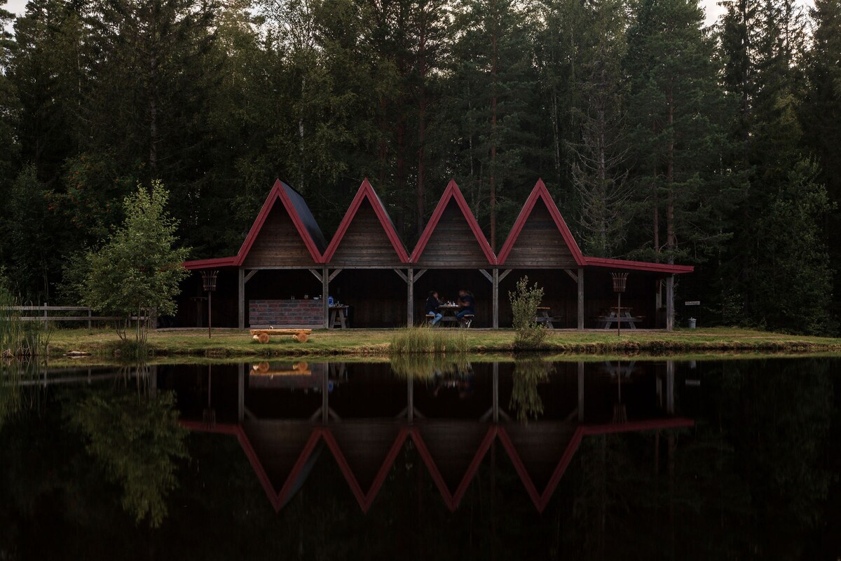 A lakeside structure features a striking roof with multiple peaks, reflecting in the calm water below. Surrounded by trees, outdoor seating and a fireplace are visible, providing a space for relaxation and gathering.