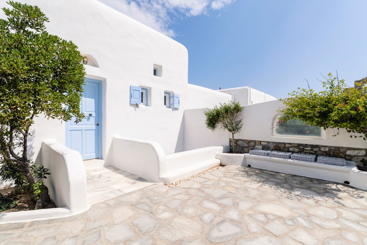The entrance of the villa features a light blue door framed by stone walls and decorative windows. A spacious stone-paved terrace is accompanied by lush greenery and a built-in seating area, enhancing the outdoor aesthetic of the Cycladic architecture.