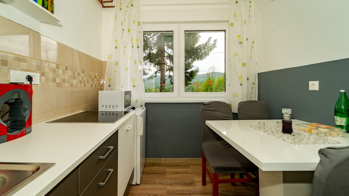 A compact kitchen area features modern cabinetry, a sink, and a microwave. A dining table with two chairs is positioned near a window, allowing natural light to illuminate the space. Green curtains frame the window, which offers views of the outdoors.