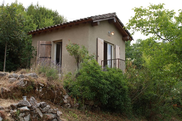El" Cabanon" alberga un gran dormitorio con una cama doble. Se encuentra  justo encima de la piscina, por lo que dos "bancos" más altos que los patios y la casa.