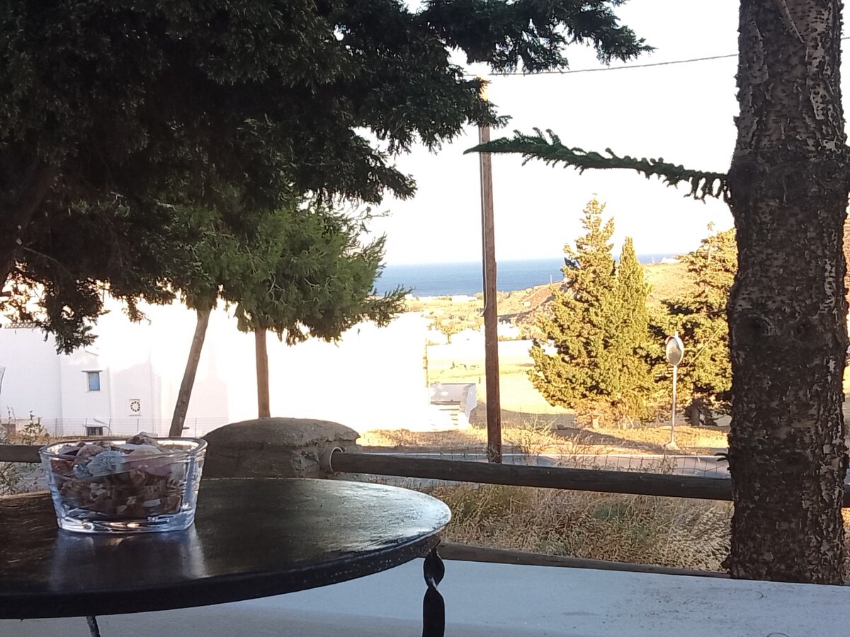 A view is captured from a patio, showcasing the coastline and the sea in the distance. A small, round table topped with a glass bowl sits in the foreground, while trees frame the scene, adding depth and a natural element to the composition.